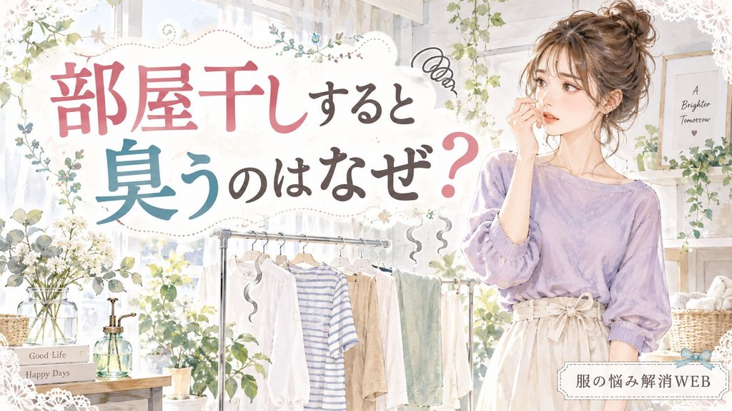 部屋干しした洗濯物の臭いを気にする女性と、室内に干された衣類を描いたイラスト
