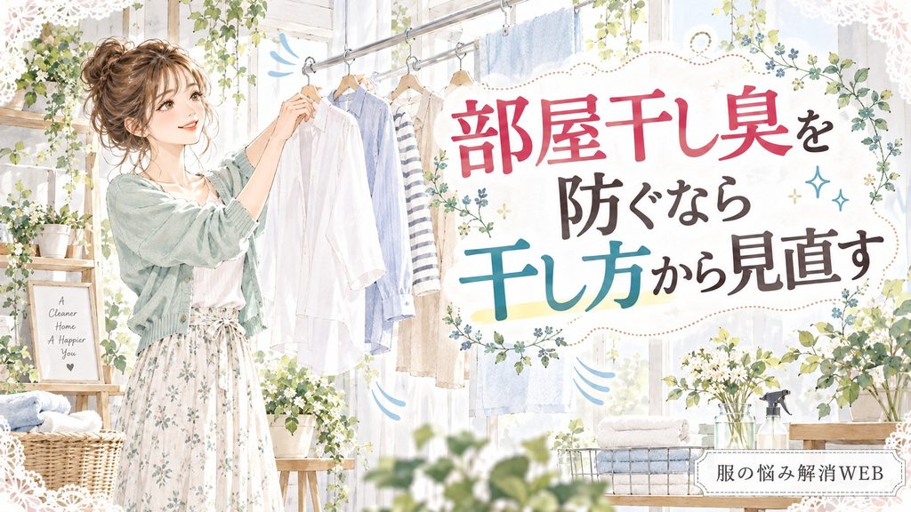 部屋干し臭を防ぐため、洗濯物の間隔を空けて干し方を整える女性のイラスト