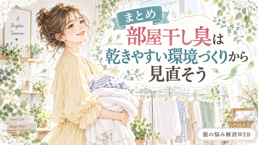 風通しよく干された洗濯物と、乾いた衣類を抱えて安心する女性のイラスト