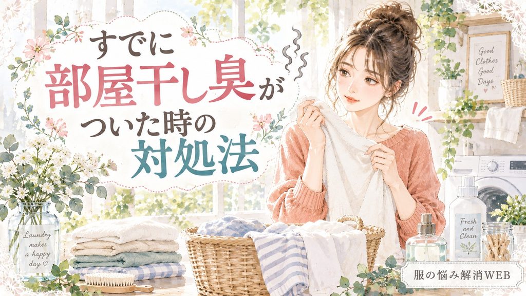 部屋干し臭がついた衣類を確認し、洗濯やケア方法を考える女性のイラスト