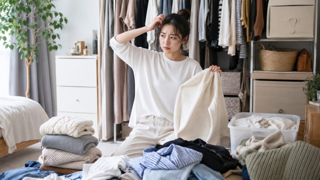 衣替え中に服の山を前にして悩み、白いニットを手に持つ若い日本人女性