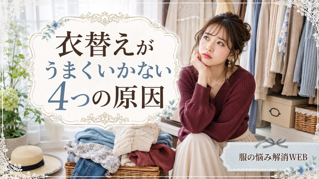 衣替えがうまくいかず、クローゼット前で積み重なった服を見ながら悩む女性
