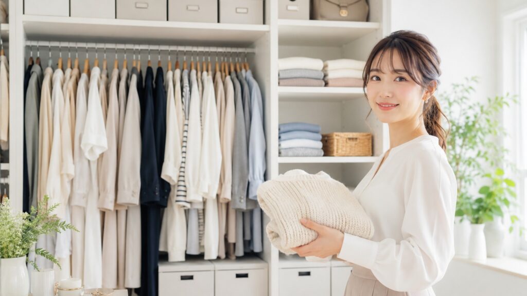 整理されたクローゼットの前で、畳んだニットを持ちながら微笑む若い日本人女性
