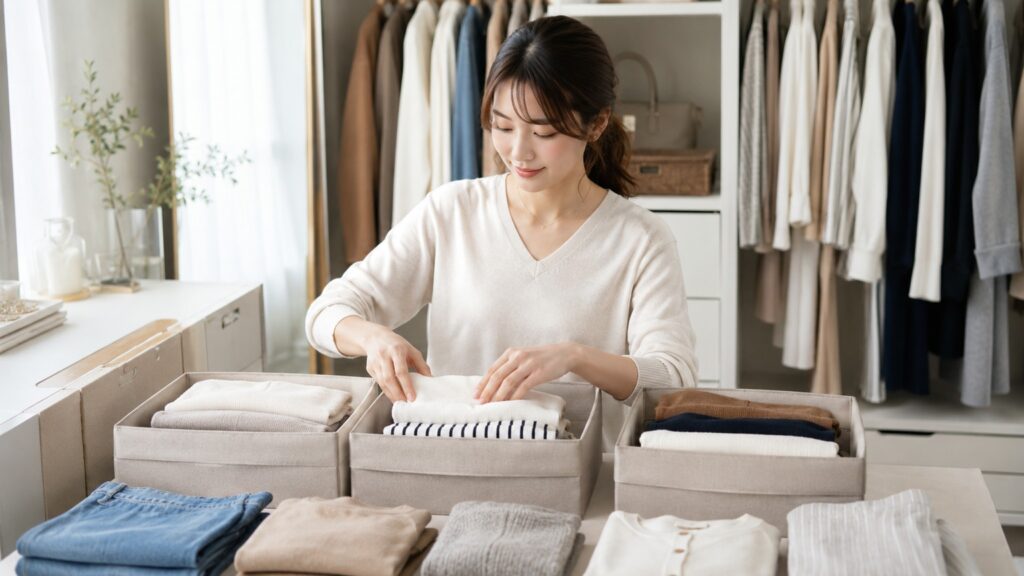 収納ボックスに服を分類しながら、衣替えを進める若い日本人女性