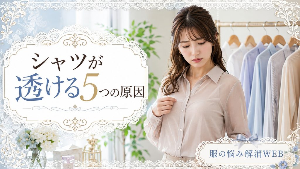 透け感のあるベージュシャツを着て、生地の透けが気になっている女性