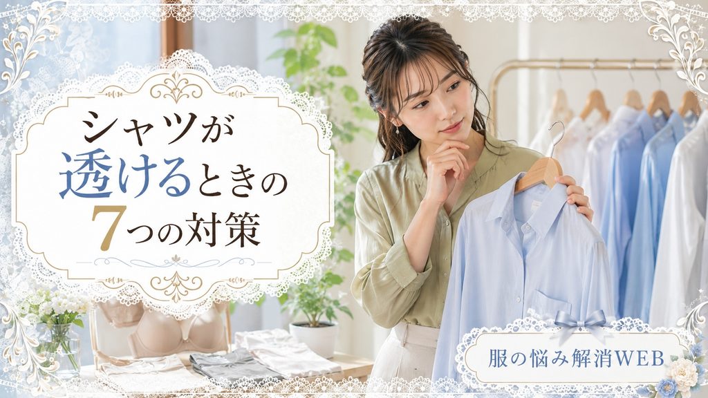 淡いブルーのシャツを手に取り、透け対策やインナー選びを考える女性