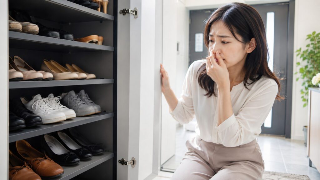 靴箱を開けた瞬間のニオイに気づき、鼻を押さえながら中を確認する若い女性