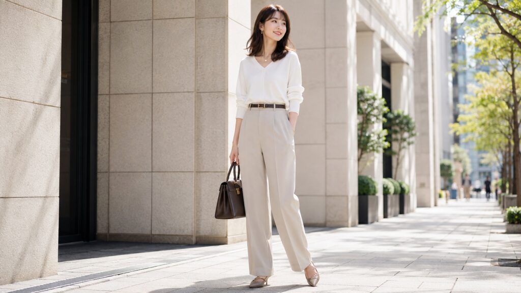 白トップスとベージュパンツにベルトとバッグでアクセントを加えた日本人女性