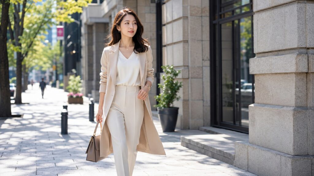 ベージュのジャケットと白トップスを合わせたシンプルで上品な街歩きコーデの日本人女性