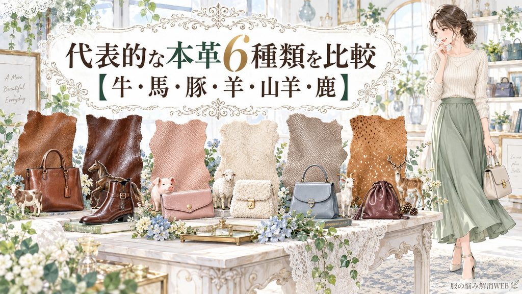 牛革・馬革・豚革・羊革・山羊革・鹿革の6種類を革製品とともに比較する女性のイラスト