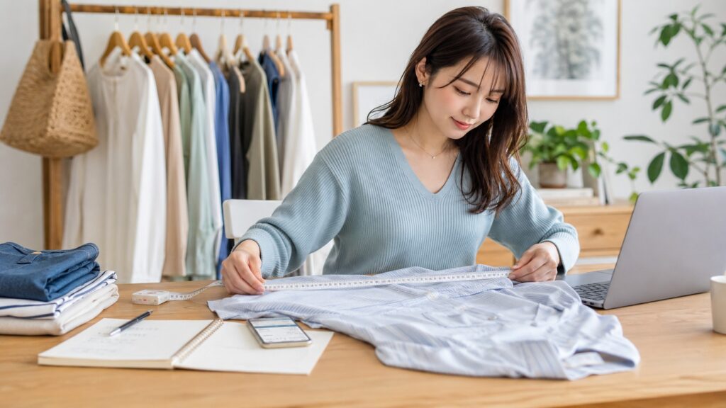 自宅でシャツの寸法を測りながら通販のサイズ選びを確認する若い女性