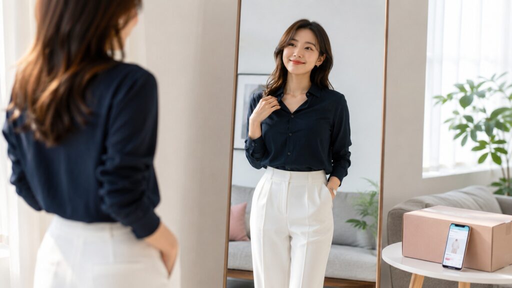 鏡の前で自分に合う服のサイズ感を確認して満足する若い女性