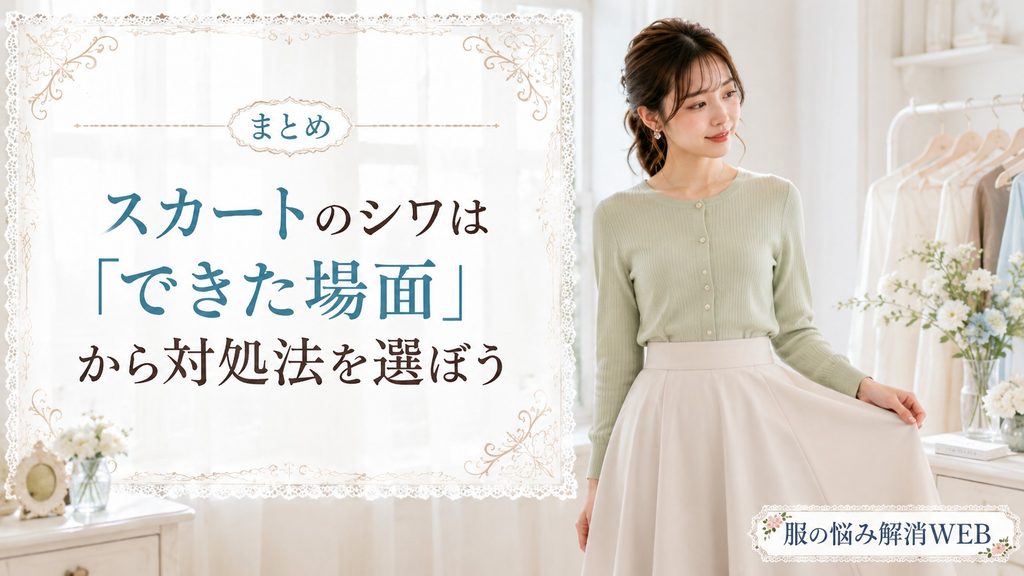 シワを整えたスカートを確認し、きれいな状態に満足する女性