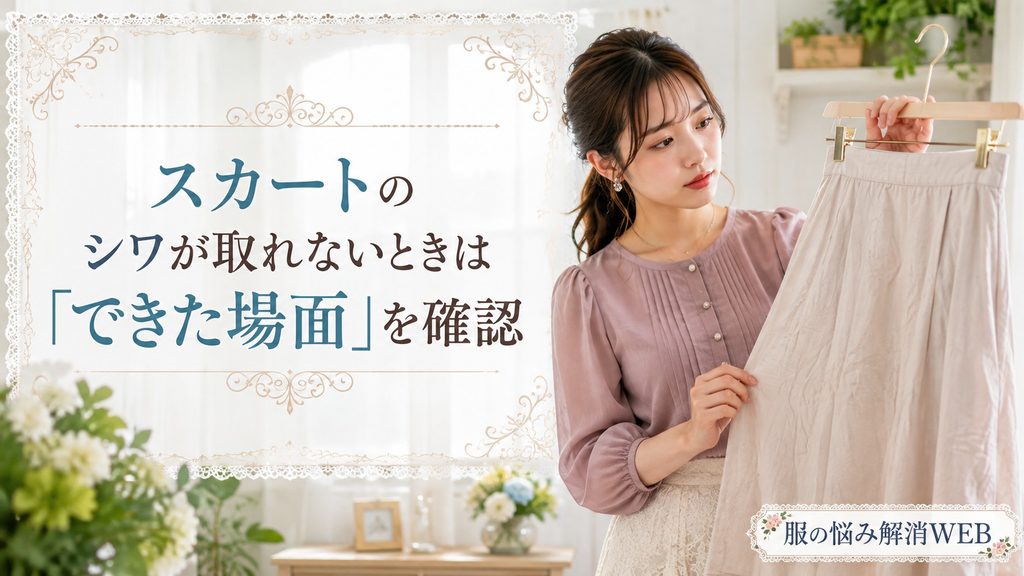 シワのついたスカートを手に取り、シワができた場面を確認する女性