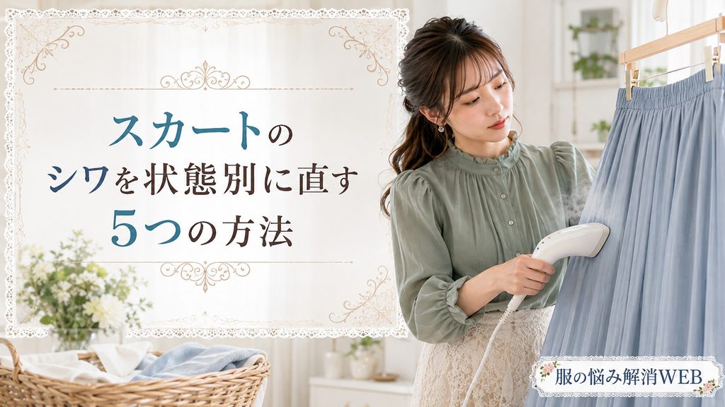 ハンガーに掛けたスカートのシワを衣類スチーマーで整える女性