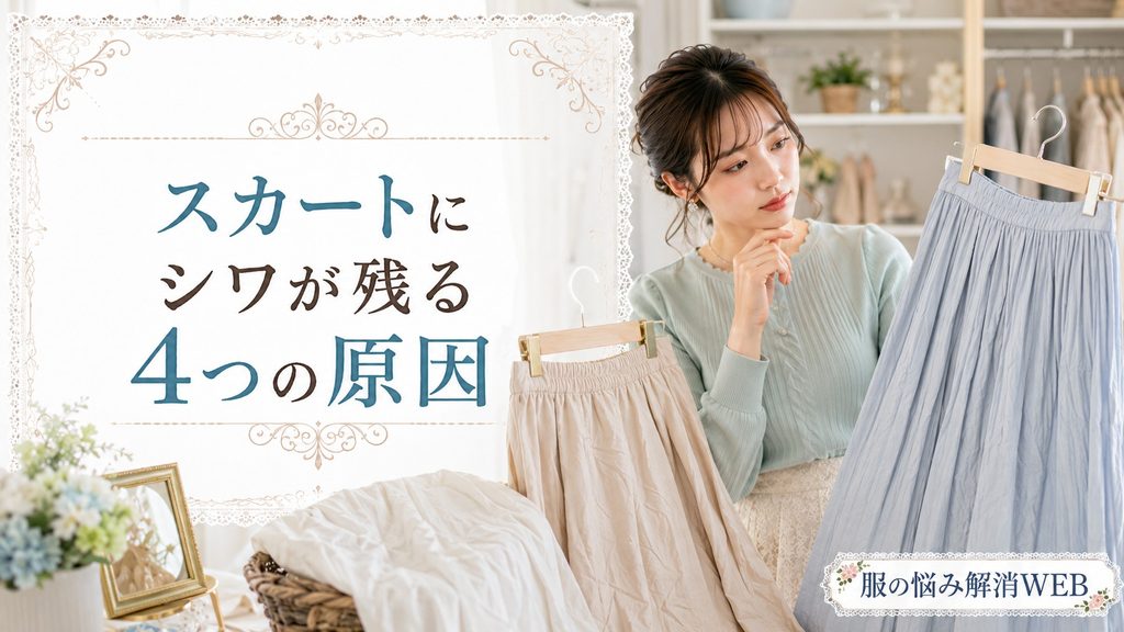 シワの残った複数のスカートを見比べながら原因を考える女性