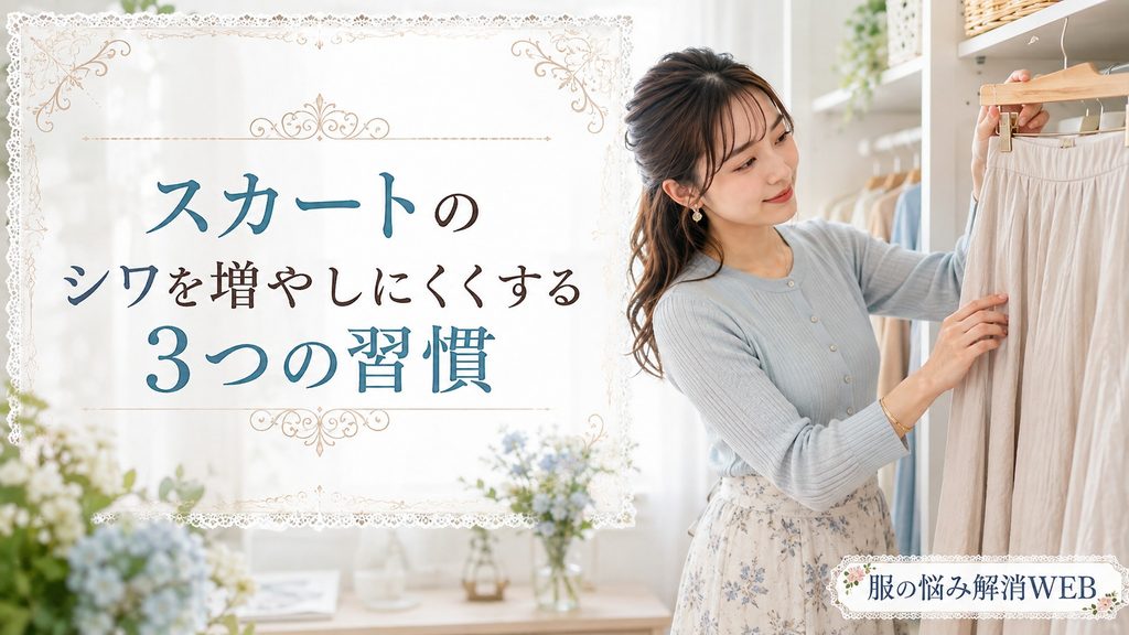スカートをハンガーに整えて掛け、シワを防ぐ収納をする女性