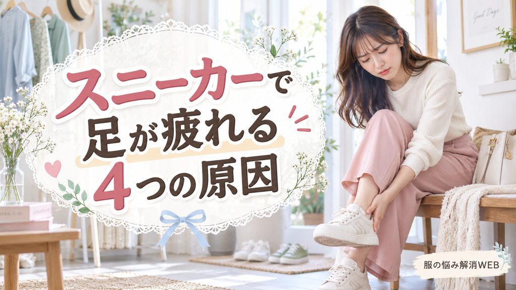 スニーカーを履いて足の疲れを感じ、足元を気にする女性