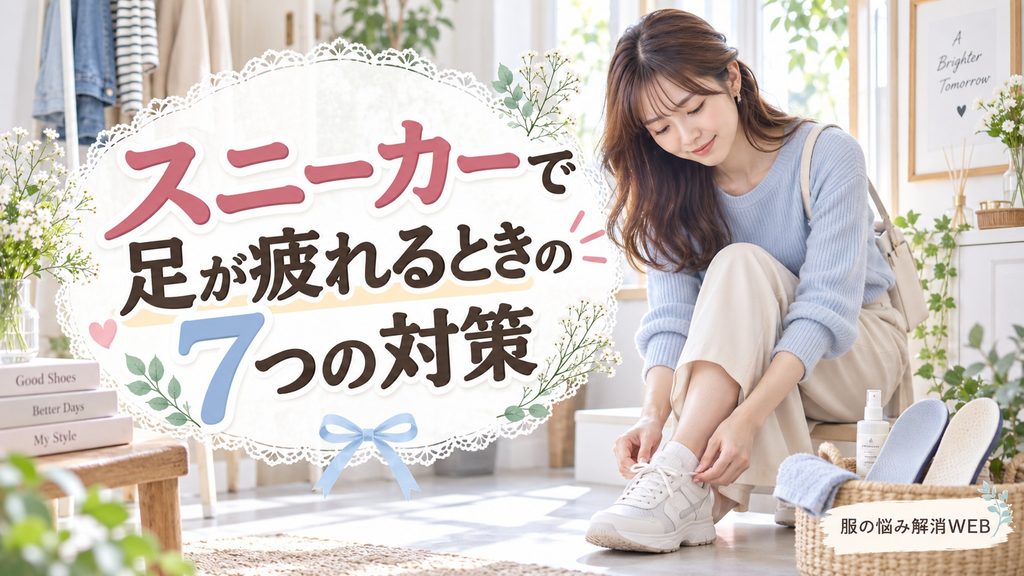 スニーカーの靴紐やインソールを確認し、足の疲れ対策をする女性