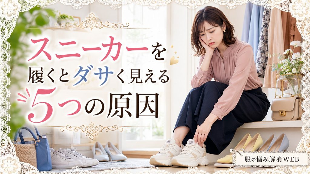 スニーカーを履いた足元を見ながら、ダサく見える原因に悩む女性