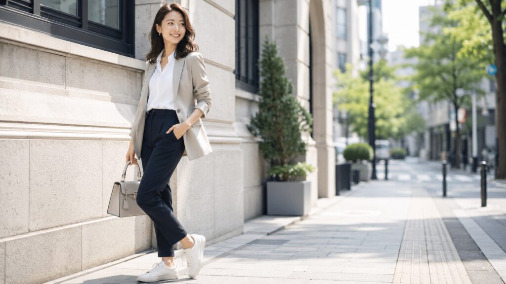 白スニーカーにきれいめパンツとジャケットを合わせた大人カジュアルコーデの日本人女性
