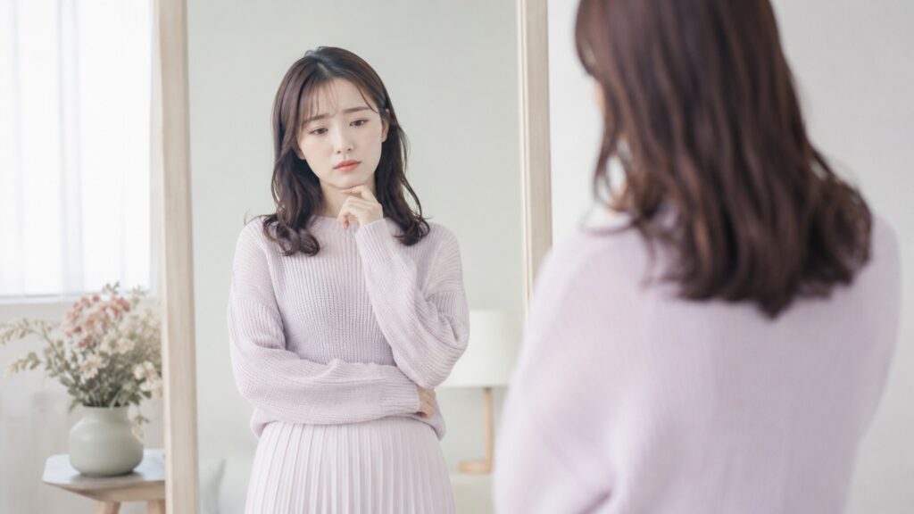 パステルカラーの服が似合わないと感じ、鏡の前でコーデを確認する若い日本人女性