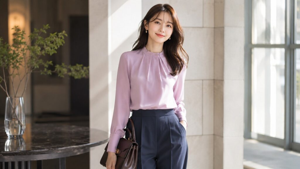 パステルカラーのブラウスに濃色ボトムとバッグを合わせた、上品な淡色コーデの若い日本人女性