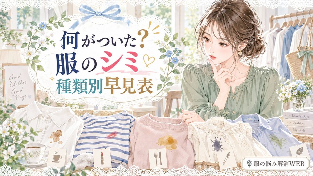 コーヒーや口紅、食品などさまざまなシミがついた衣類を種類別に確認する女性のイラスト