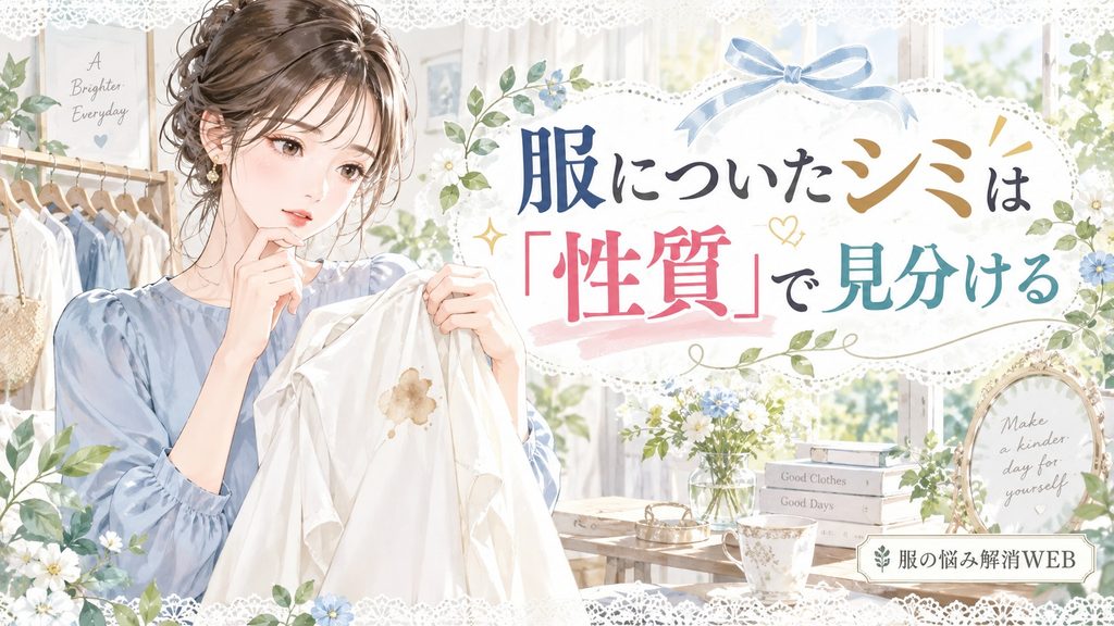 服についたシミの性質を見分けるため、白い衣類の汚れを確認する女性のイラスト