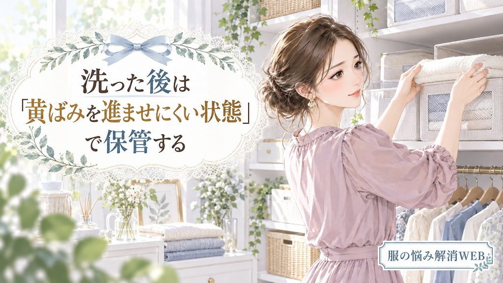 洗った衣類を黄ばみにくい状態で収納する女性のイラスト