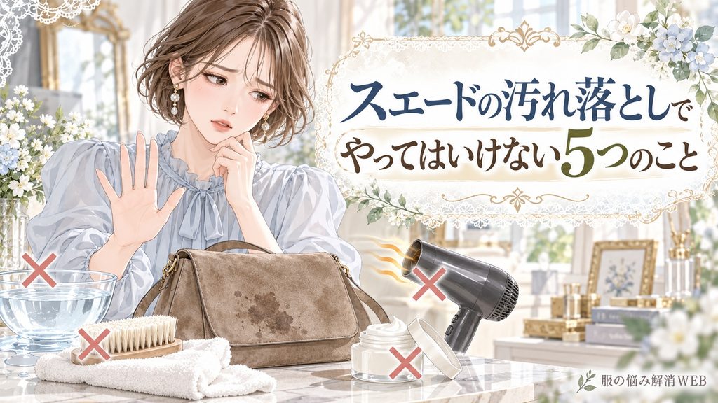 スエードの汚れ落としで水や強いブラッシング、熱風などを避ける女性のイラスト