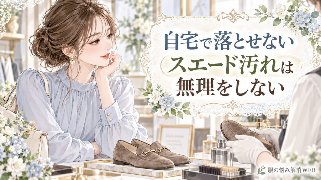 自宅で落とせないスエード汚れを専門的なケアへ相談する女性のイラスト