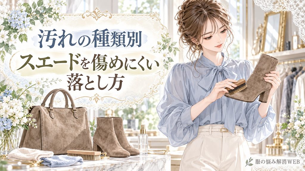 スエードのブーツをブラシで手入れしながら汚れの種類別ケアを行う女性のイラスト