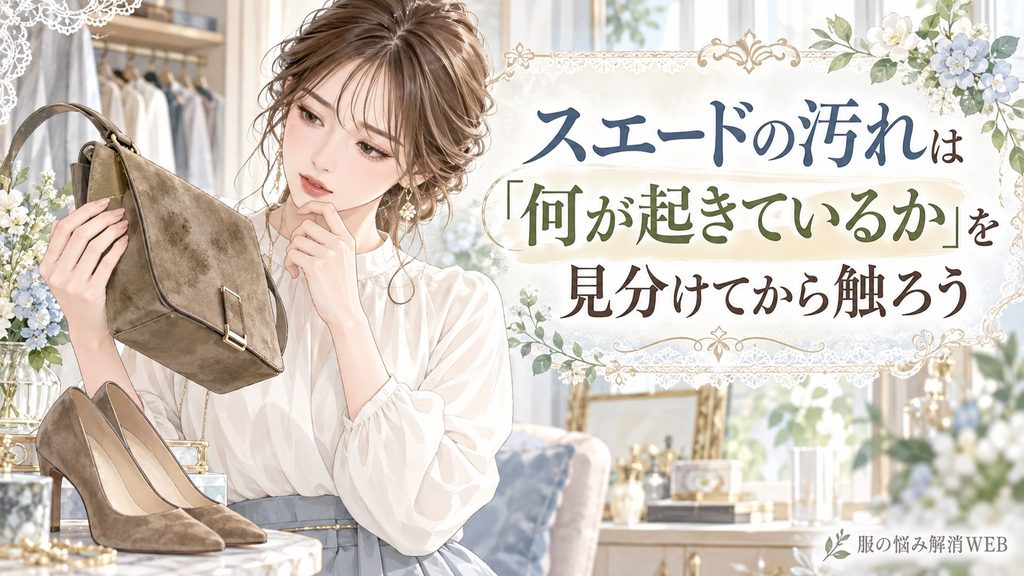 スエードバッグの汚れや毛並みの状態を確認する女性のイラスト