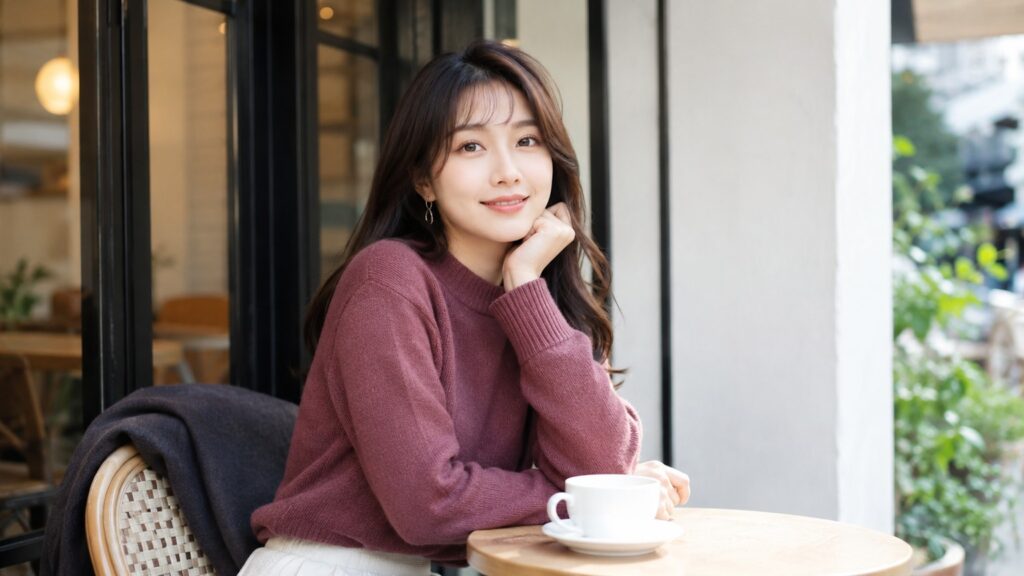 きれいに手入れされたピンク系セーターを着てカフェでくつろぐ若い日本人女性