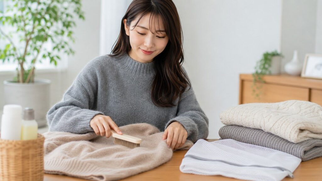 ブラシを使ってセーターの毛羽立ちをやさしく整えている若い日本人女性