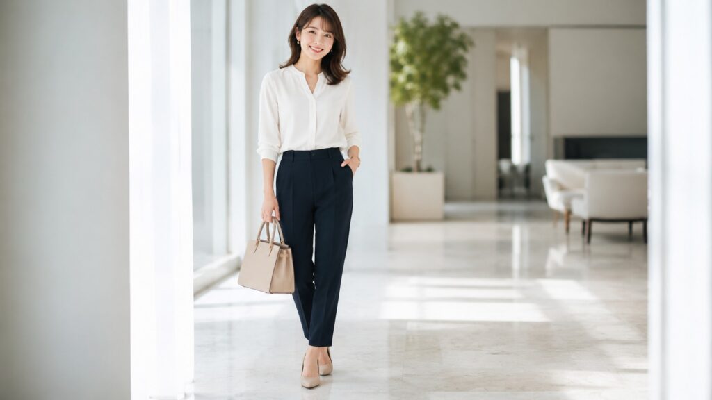 白ブラウスとネイビーパンツ、ベージュバッグで3色以内にまとめた上品なコーデの若い日本人女性