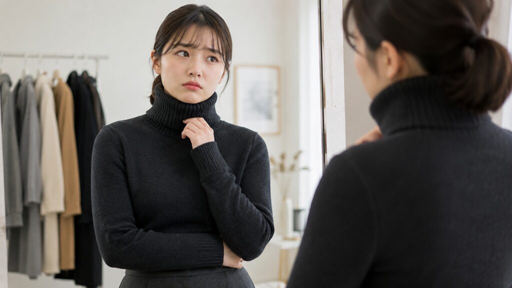 黒のタートルネックを着た若い日本人女性が鏡の前で首元の詰まりを気にしている様子