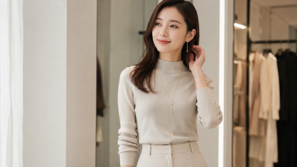 明るいベージュのモックネックを着た若い日本人女性がアクセサリーで顔まわりに抜け感を出している様子