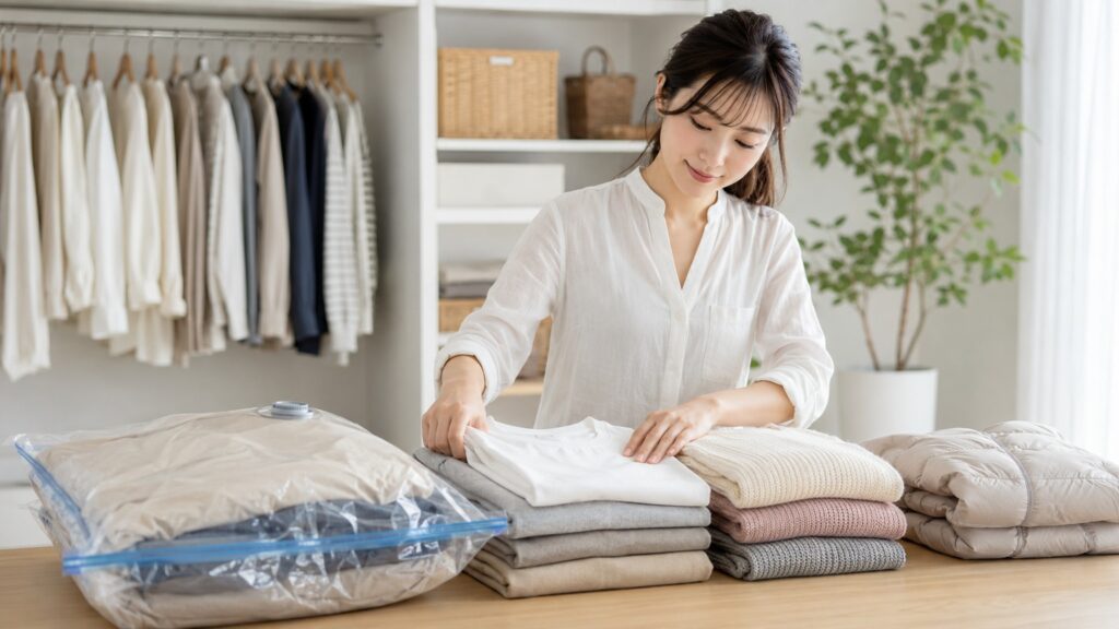 圧縮袋に入れる服を選びながら、たたみ方や収納方法を整えている若い女性