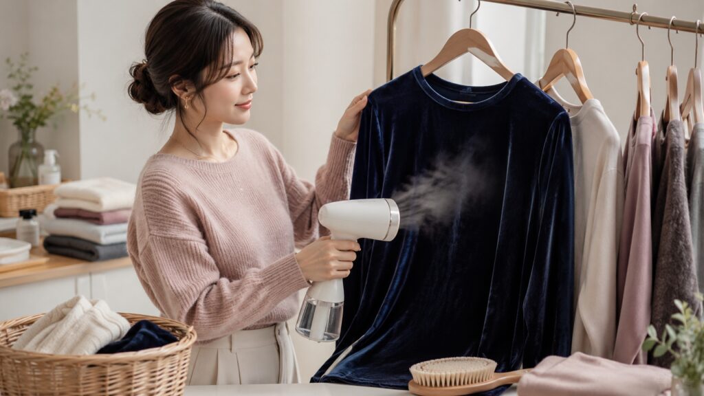 ネイビーのベロア服をハンガーに掛けてスチームで丁寧にケアする女性