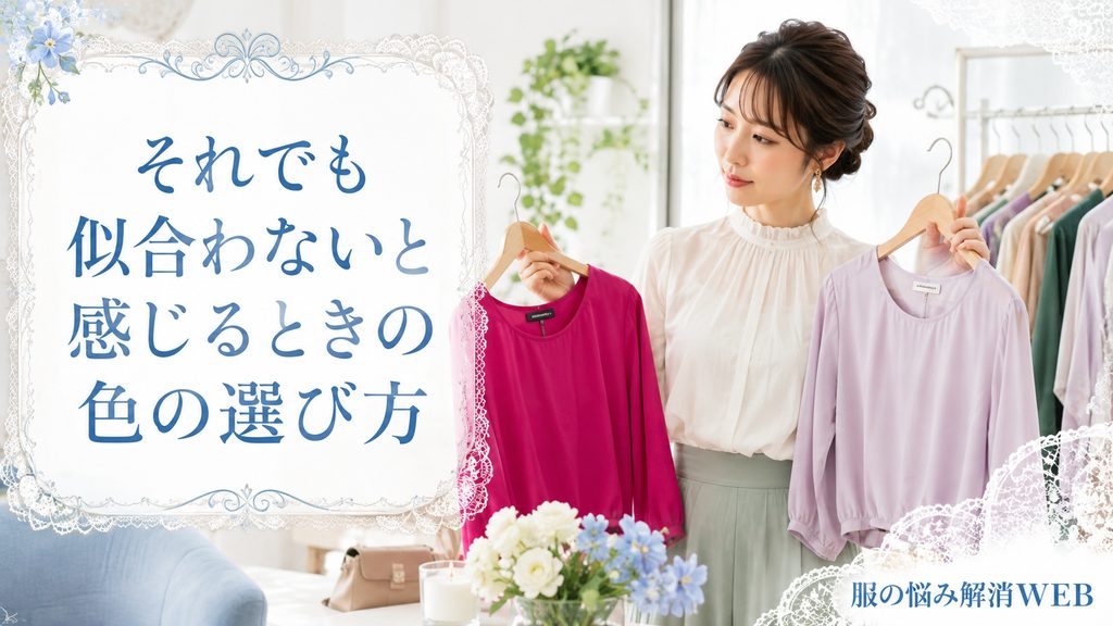 ビビッドカラーと淡い色の洋服を比較しながら自分に合う色を選ぶ女性