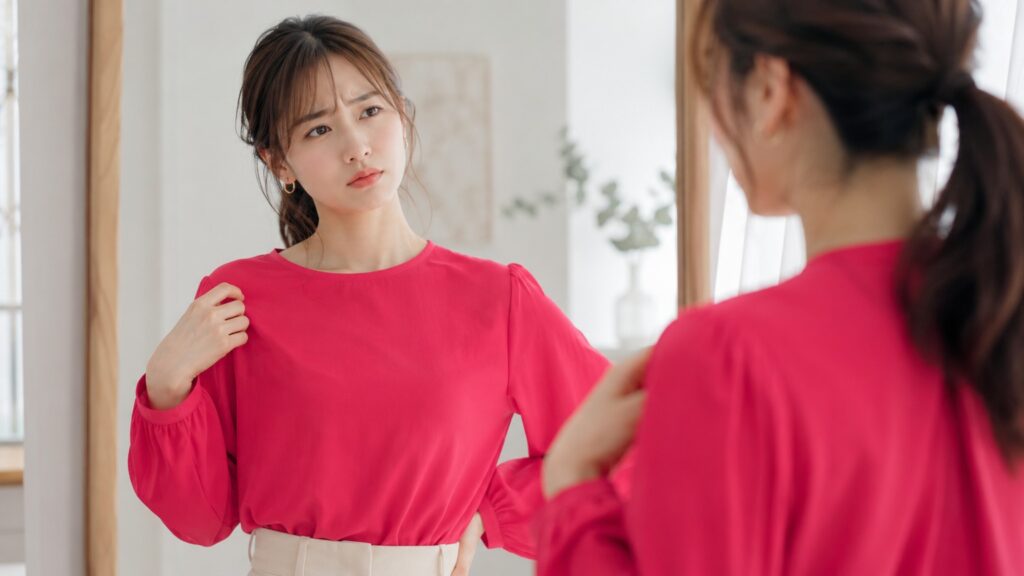 鮮やかなピンクのトップスが似合うか鏡の前で悩む若い日本人女性
