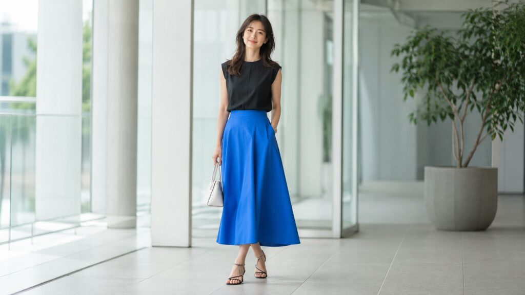 黒トップスと鮮やかなブルースカートを上品に着こなす若い日本人女性