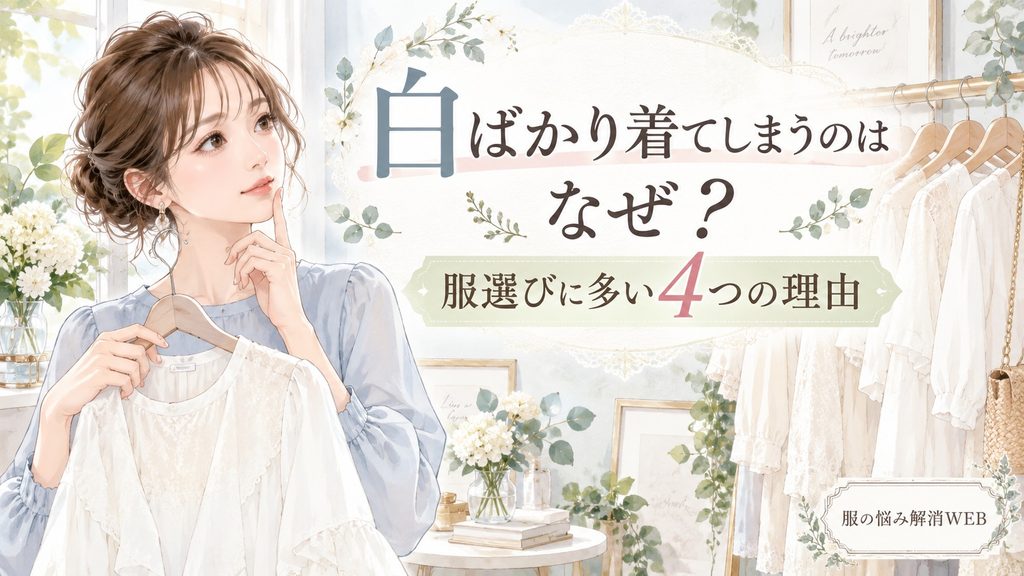 白い服を手に取り、白ばかり着てしまう理由を考える女性のイラスト