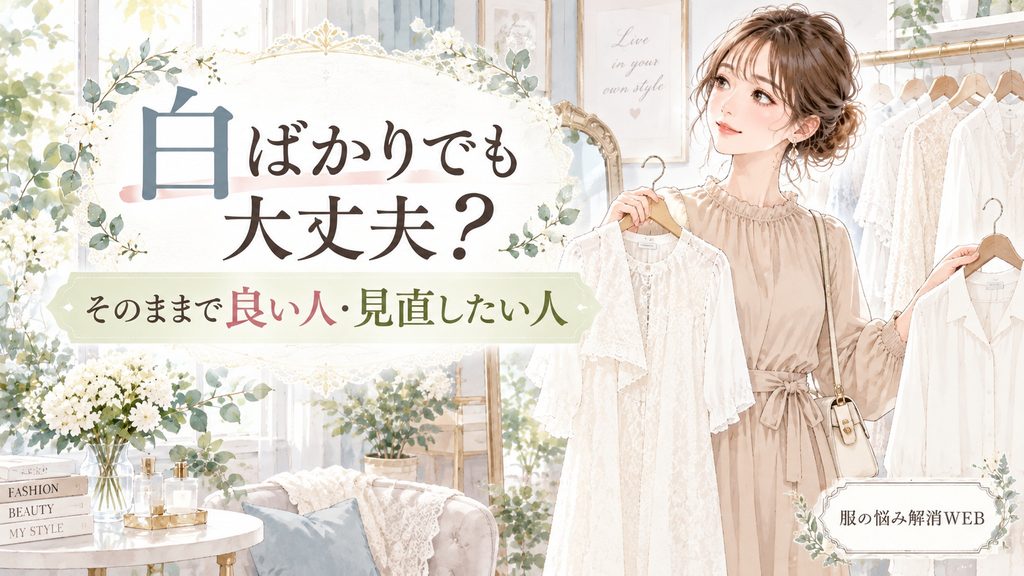 白い服を比較しながら、そのままで良いか服選びを見直す女性のイラスト