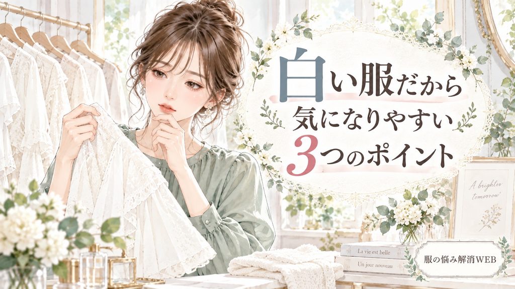 白い服の生地を確認し、白だから気になりやすいポイントを考える女性のイラスト