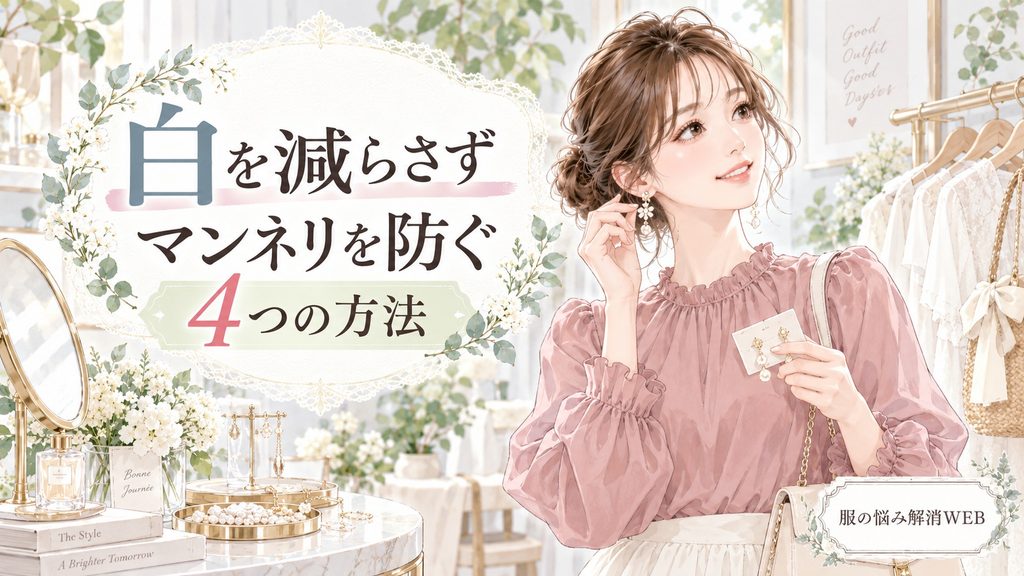アクセサリーを選びながら白コーデのマンネリを防ぐ方法を楽しむ女性のイラスト