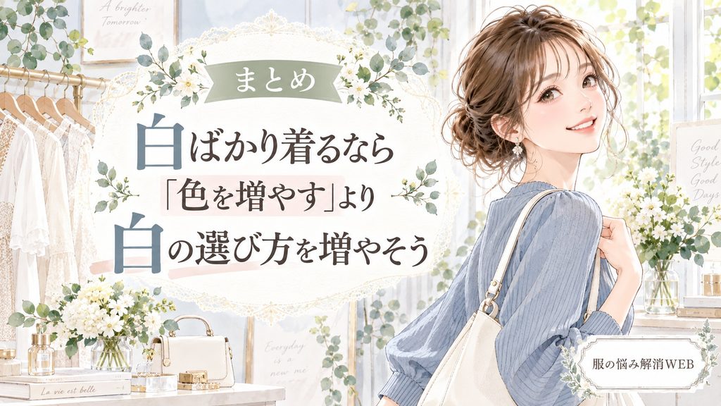 白を減らさず色味や選び方を工夫してコーデを楽しむ女性のイラスト