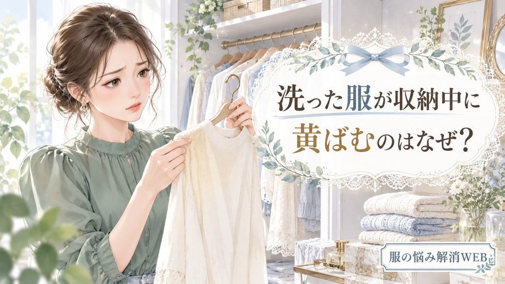 洗った服が収納中に黄ばむ原因を確認する女性のイラスト